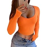 GEMBERA Women's Long Sleeve Crop Tops Scoop Neck Fitted Basic Workout Tee