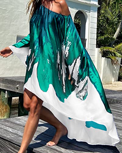 Ekojoy Women\'s Summer Cover Up Dress Cold Shoulder Loose Kaftan Flowy Batwing Beach Swimwear(Green)