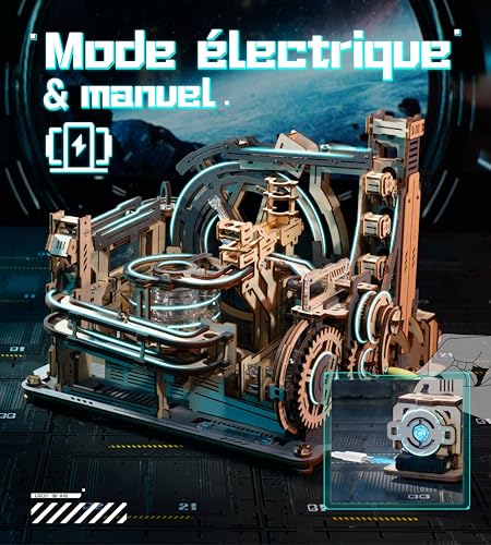 ROKR Electric Marble Run Model Kits For Adults to Build,Marble Spaceport 3D Wooden Puzzle,Night City 2.0,Unique Gift Idea for Men Kids (LGC01)