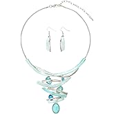 Mycitta Chunky Statement Jewelry Set Vintage Retro Leaf Flower Floral Geometric Bohemian Boho Bib Necklace Earring Set Fashion Costume Jewelry for Women Girls Wedding Party Prom Unique Gift