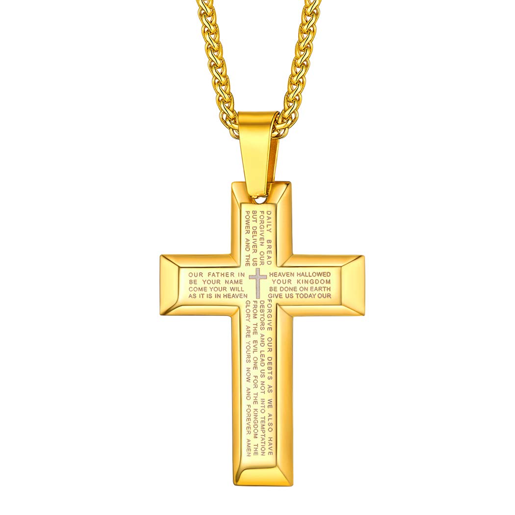 Suplight Gold Plated Strength Bible Verse Necklace Christian Faith Religious Jewellery Our Father Lords Prayer Cross Pendant Necklace for Men Boys
