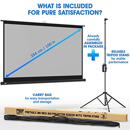 Projector Screen with Stand 100in, Indoor and Outdoor Projection Screen for Movie/Office Presentation, 16:9 HD Premium Wrinkle, Tripod Screen for Projector with Carry Bag and Tight Straps (Renewed)
