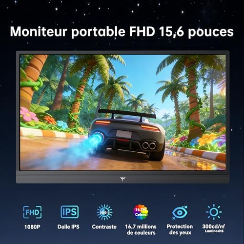 Monitor Portátil IPS 1080P FHD 15.6", Ecrã Externo USB-C & Mini HDMI, Monitor de Gaming Ultrafino com Suporte e Colunas, para Portátil/PC/Mac/PS3/PS4/PS5/Xbox, Preto