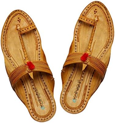 ekolhapuri handmade authentic genuine leather Light yellow typical kolhapuri chappal with red gonda for women