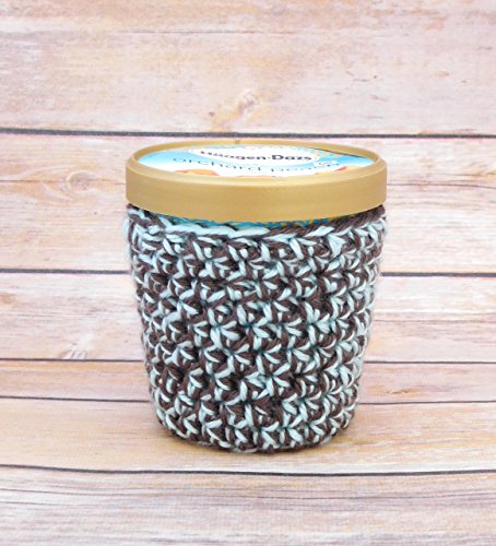 Ice Cream Cozy - Handmade Crochet Pint Sorbet Cozy - Aqua and Brown - Thumbnail 2