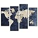 4 Panels Canvas Painting Abstract World Map Picture Printed on Canvas Giclee Artwork Stretched and Framed Wall Art for Home Decor (Navy)