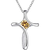 NINAMAID Cross Necklace for Women, 925 Sterling Silver Birthstone Necklace for Women with Diamond Sideways Cross Necklaces Birthstone Jewelry Birthday Gifts for Womens