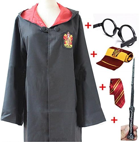 Bylulis Deluxe Gryffindor Robe Cloak with Wand Glasses Tie Scarf Accessories for Adult and Kids Costume Cosplay