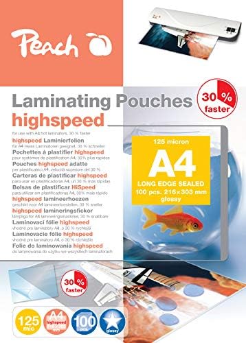 Peach PP525-22 High-Speed Laminating Pouches A4, 2 x 125 microns, 100 Laminating Pouches, Glossy Finish