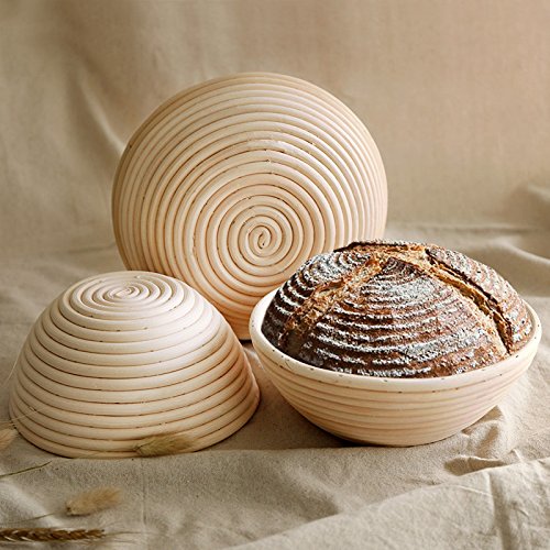 8.5" inch 3 IN 1 Banneton Brotform Bread Basket Set - for Artisan Bread Making ,Rising Round Crispy Crust Baked Bread Making Dough Shape Loaf Boules with silicone Bowl Scraper and Liner