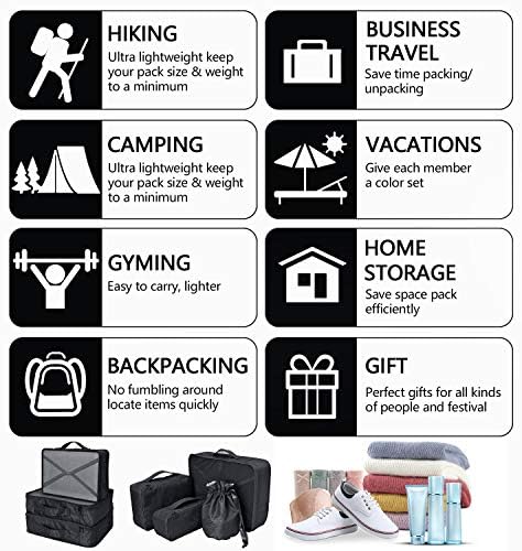 Packing Cubes 8 Sets/7 Colors Latest Design Travel Luggage Organizers Include Waterproof Shoe Storage Bag Convenient Packing Pouches for Traveller (Black) 5 Packing Cubes 8 Sets/7 Colors Latest Design Travel Luggage Organizers Include Waterproof Shoe Storage Bag Convenient Packing Pouches for Traveller (Black)
