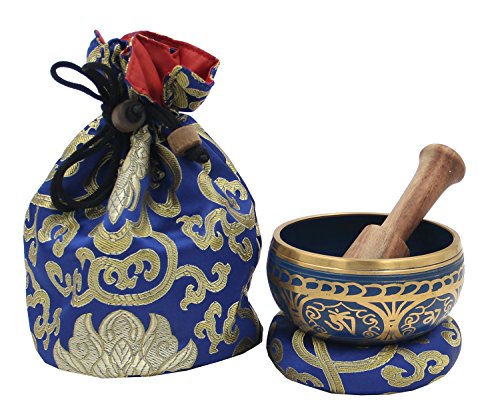DharmaObjects ~ Tibetan OM MANI Singing Bowl Set ~ With Mallet, Brocade Cushion & Carry Bag ~ For Meditation, Chakra Healing, Prayer, Yoga (Blue)
