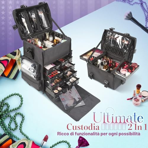 Kemier - 2 in 1 Omnidirectional Wheels Professional Soft Side Makeup Case Wheeled Makeup Case Cosmetic Organizer with Drawers,Black
