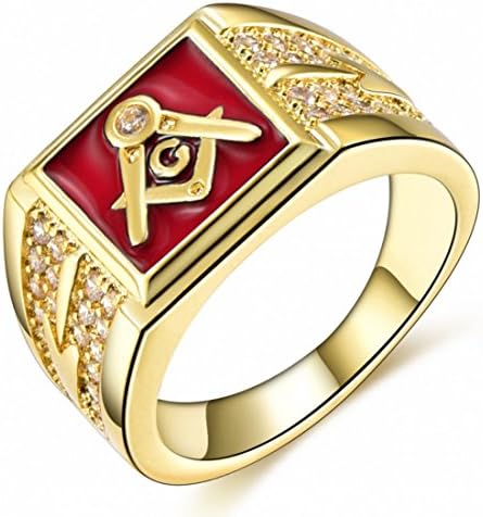 Songdetao Men's 18K Gold I.P. Crystal Masonic Red Lodge Freemason Rings Sz 12