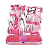 Teamkio 18pcs Manicure Pedicure Nail Clippers Set Travel Hygiene Kit Stainless Steel Professional Cutter Care Set Scissor Tweezer Knife Ear Pick Tools Grooming Kits with Leather Case (18pcs, Pink)