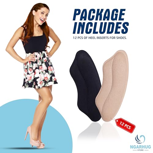 Ngarhug Heel Pads for Shoes - Heel Grips - Shoe Inserts to Make Shoes Smaller, 6 Pairs Heel Cushion Prevent Too Big Shoe from Heel Pading, Blisters,Filler for Loose Shoe Fit (Black + Beige)