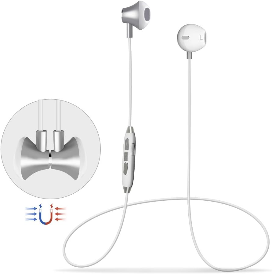 Wireless Headphones, Wireless V4.1 Magnetic Stereo Earphones, Suitable for Samsung Galaxy S9, IPX4 Splash Proof Noise Cancelling with HD Mic for Running and Sport - White