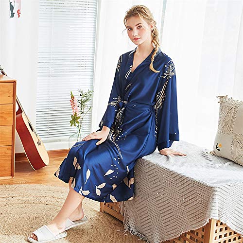 CofeeMO Women's Plants Print Kimono Bathrobe Pajamas,Fashion Satin Long Sleeve Wrap Sleepdress(Navy,XL)