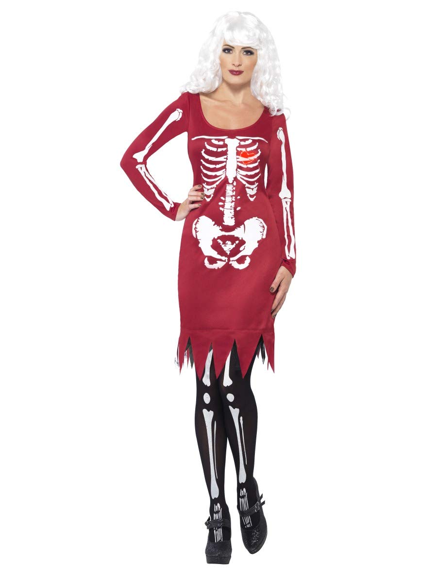 Smiffys Beauty Bones Costume, Red Dress with Long Sleeves and LED Heart, Halloween Adult Fancy Dress, Skeleton Dress Up Costumes