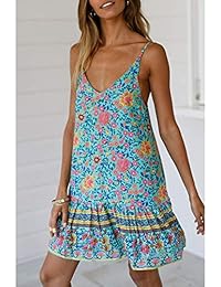 Vestido corto de verano para mujer, diseño floral, cuello en V, volantes, estilo balancín