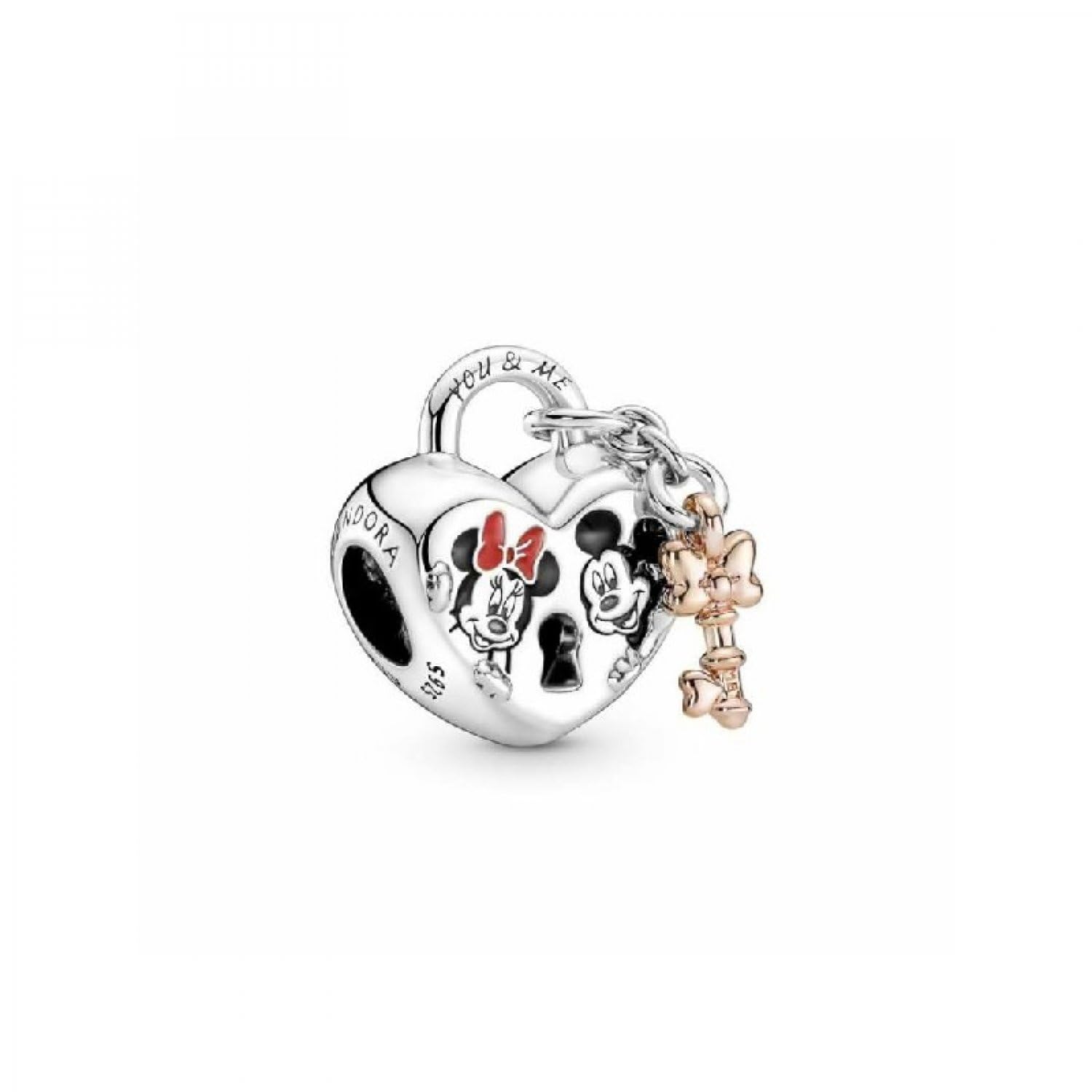 Pandora Disney Minnie and Mickey heart padlock and key sterling silver and 14k rose gold-plated charm with red, white and black enamel