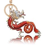 Chinese Dragon Keychain - Dragon Keychain Jewelry Antiqued Silver - Goth, Fantasy ?Charm Keychain (Red)