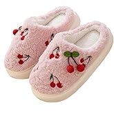 SongKedora Women Cherry Cute Slippers Indoor Home Cozy Slipper Winter Warm Fuzzy Slippers with Non-Slip Sole On Plush Bedroom Shoes
