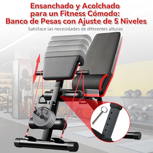 SAFONUS Banco de Ejercicio Multifuncional Ajustable con Almohada de Cabeza Regulable - Incluye Banda de Resistencia y Almohadilla de Soporte para Mancuernas,Banco Pesas Plegable Multiposiciones para Entrenamiento en Casa
