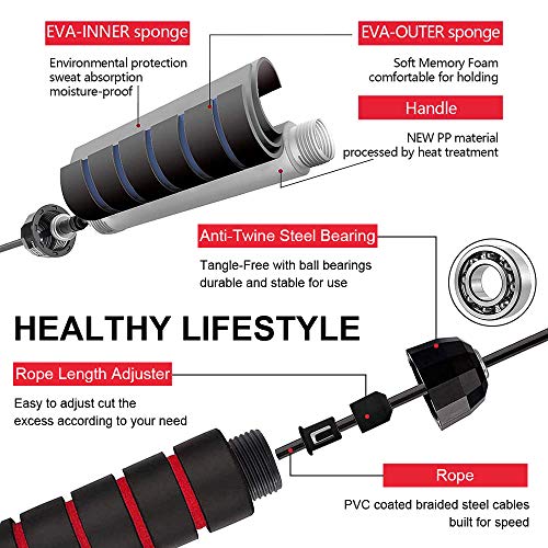 TOOVREN Jump Rope, Speed Jump Rope Workout for Fitness Exercise Tangle-Free with Ball Bearings, Adjustable Skipping Crossrope with Memory Foam Handles for Men/Women/Kids/Girls/Boys – Red
