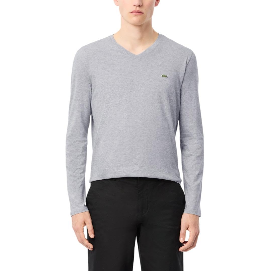 Lacoste Men’s Long Sleeve Jersey Pima V-Neck T-Shirt, Silver Heathered, XS