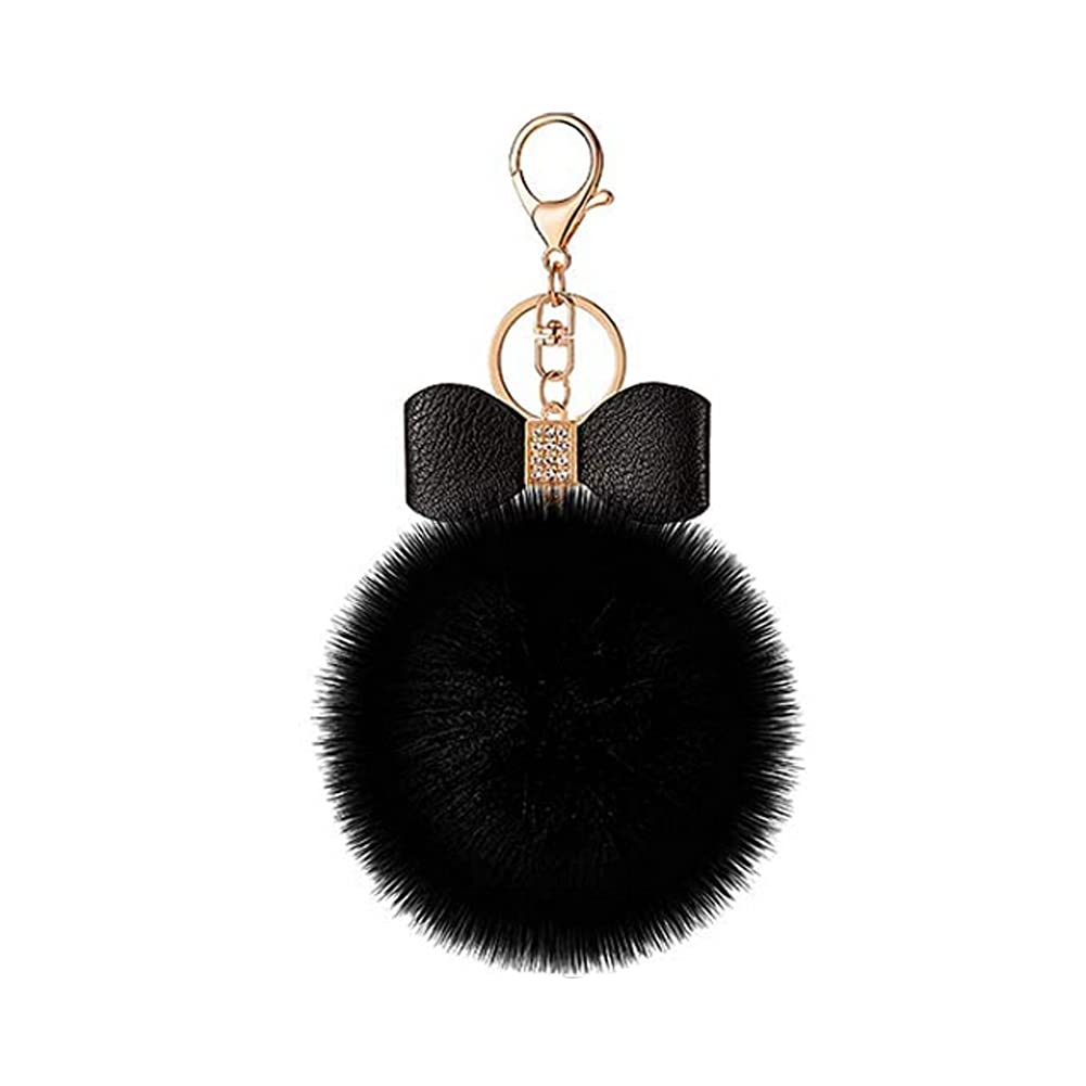 1PC Bow Rhinestone Pom Pom Keychain Fluffy Ball Key Chain Faux Ball Pompoms Keyrings Rhinestone Keychain Handbag Car DIY Accessories (Black)
