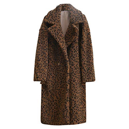 Womens Lapel Leopard Print Trench Coat Thicken Plush Warm Overcoat