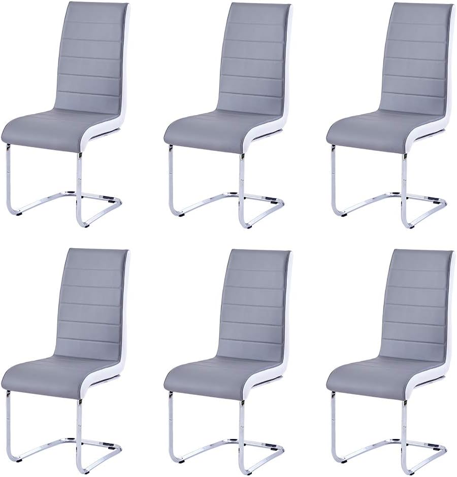 Enjowarm Dining Chairs Set of 6 Grey White Sides Faux Leather Modern Kitchen Chairs Metal Chrome Legs High Back Dining Chair Dining Room Chairs Set for Living Room Home Kitchen Office Waiting Room