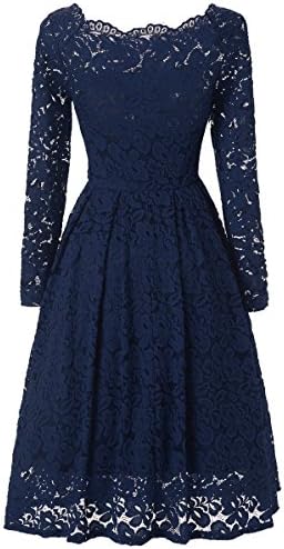 JUSOE Women's Vintage Lace Dress Sexy Long Sleeves Cocktail Formal Dresses For Wedding Bridesmaid Party Navy Blue Small US 2-4