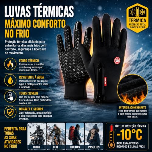 Luva Térmica Moto e Bike, Luva Impermeável, Touchscreen Antiderrapante | Proteção Contra Vento, Frio Intenso Unissex de Corrida, Trilha, Moto, Bike, Uso diário, Compatível com Celular - Premium