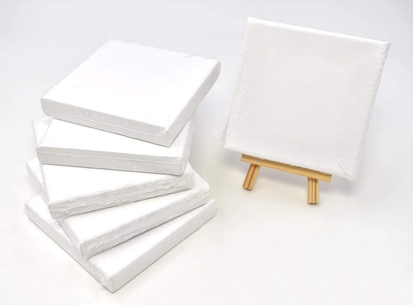 RayLineDo® Set of 6pcs Mini Artist Blank Canvas Frame 4x4inch (10x10cm) Oil Water Painting Board Flat Canvas with 1pc Mini Wood Display Easel