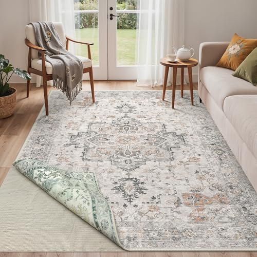 GENIMO Reversibler Teppich 80x150cm, Beidseitig Nutzbar, Boho Vintage Teppich, Waschbare Wende Teppiche, Inkl. Anti-Rutsch-Unterlage, Teppiche Wohnzim