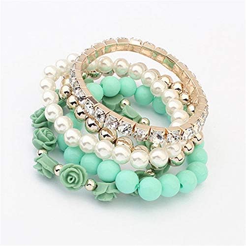 Qvwanle Sweet Multi-Layered Rose Flower Round Pearl Shining Crystal Handmade Elastic Beaded Bracelet GN