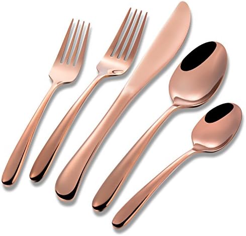 Flatasy Rose Gold Wave Flatware Stainless Steel Set of 5 Piece,Forged Restaurant Cutlery Dinnerware Service for 1