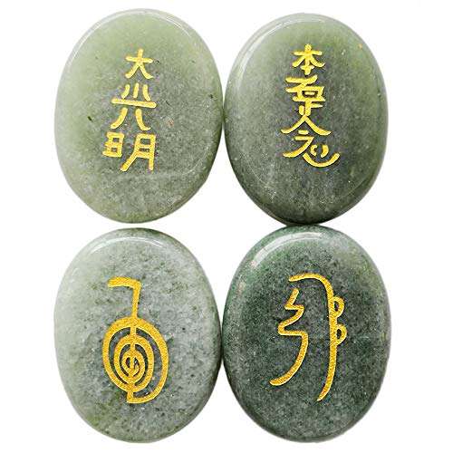 Lovionus89 4 Pcs Green Aventurine Engraved Chakra Stones Healing Crystal Reiki Balancing Palm Stone, 45mm