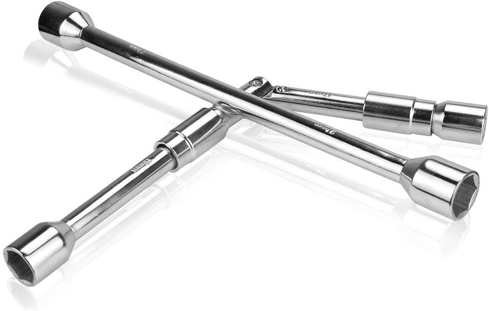 TekkPerry 14" Folding Lug Wrench, 4 Way Cross Wrench, Universal Lug Nut Wrench, 17/19/21/23 mm Automotive Sliding Tire Iron Tire Repair Wrench, Heavy Duty Drive Socket Wrench