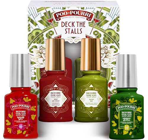 Poo-Pourri Before-You-Go Toilet Spray, 4 Pack Set Holiday Deck The Stalls Gift Set, Berry and Bright, Balsam Bum, Holiday Spice, Mistletoe Spritzes 2 oz,