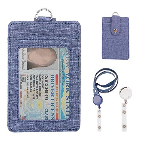 ID Badge Holders with 1 ID Window and 2 Card Slot with Detachable Reel Type Neck Lanyards & Reel Clip 2-Sided Vertical PU Leather Employee Certificate Pass Case Name Holder(Blue)