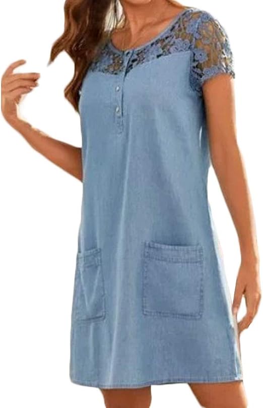 Damen Slim Jeanskleid Spitze Spleiß Classic Kurzarm Fashion Lässige Kleider Sommer Mit Taschen