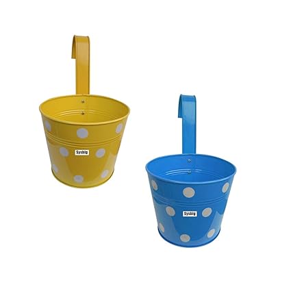 Kraftsplanet Garden Decor Set of Two Polka Design Railing planters with Detachable Hooks and Handle Planter Container Set