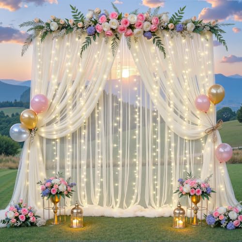 Elfenbeinfarbene transparente Hintergrundvorhänge mit Lichterketten für Pariten, Hochzeit, 3 x 2,4 m, Tüll-Hintergrundvorhänge für Babyparty, Geburtstag, Party,