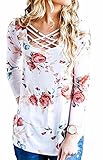 Walant Womens Floral Printed Long Sleeve Criss Cross V-Neck Casual Tops T-Shirt White Large