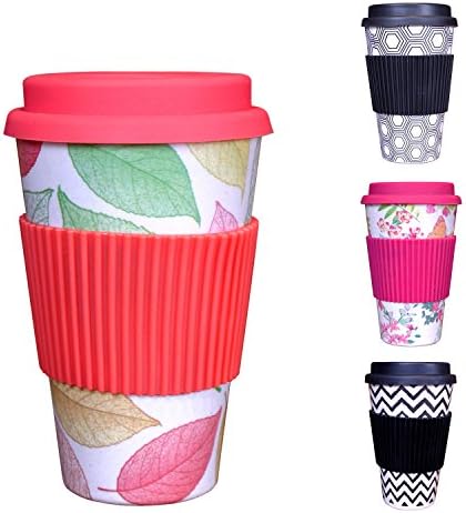 Reusable coffee cup - eco-friendly 400ml (14oz) premium organic bamboo travel cup with lid - Biodegradable and reusable for coffee, Tea and Cold drinks. Environmentally friendly travel mug for everyday use on-the-go (Autumn red)