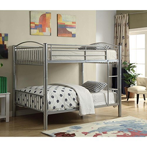 Major-Q Modern Silver Finish Metal Tube Supported Full Over Full Bunk Bed with Built-in Front Ladder & Guard Rail (7037390SI)