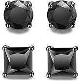 CVAYU 2 Pairs Hypoallergenic Mens Black CZ Stud Earrings Stainless Steel Princess Square Cut Cubic Zirconia Earring Studs for Sensitive Ears 6mm